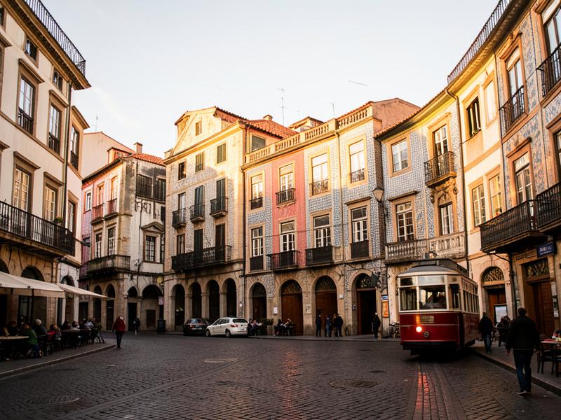 Praça histórica europeia com bondinho em Lisboa